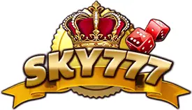 SKY777 logo: the word SKY777 in gold on a ribbon under a red crown and two red dice